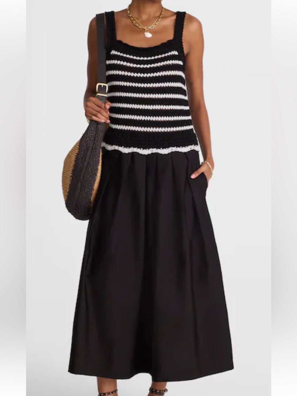 Poplin Crocheted Knit Midi Dress